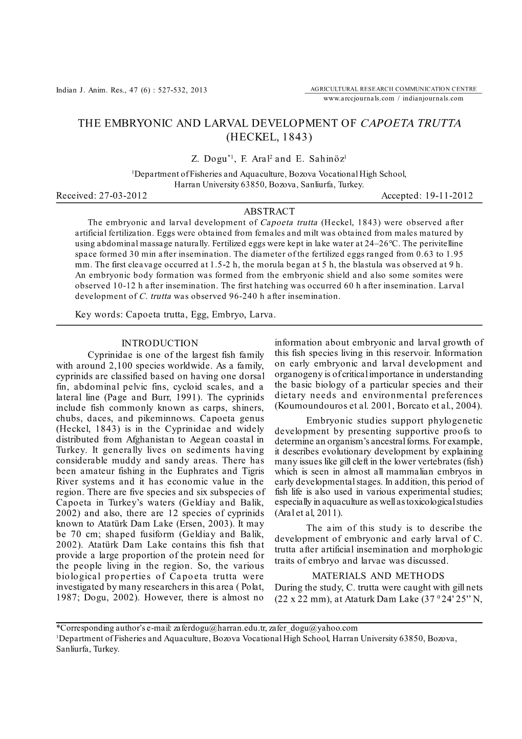 The Embryonic and Larval Development of Capoeta Trutta (Heckel, 1843)