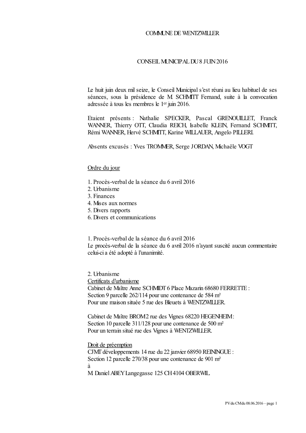 Commune De Wentzwiller Conseil Municipal Du 8 Juin