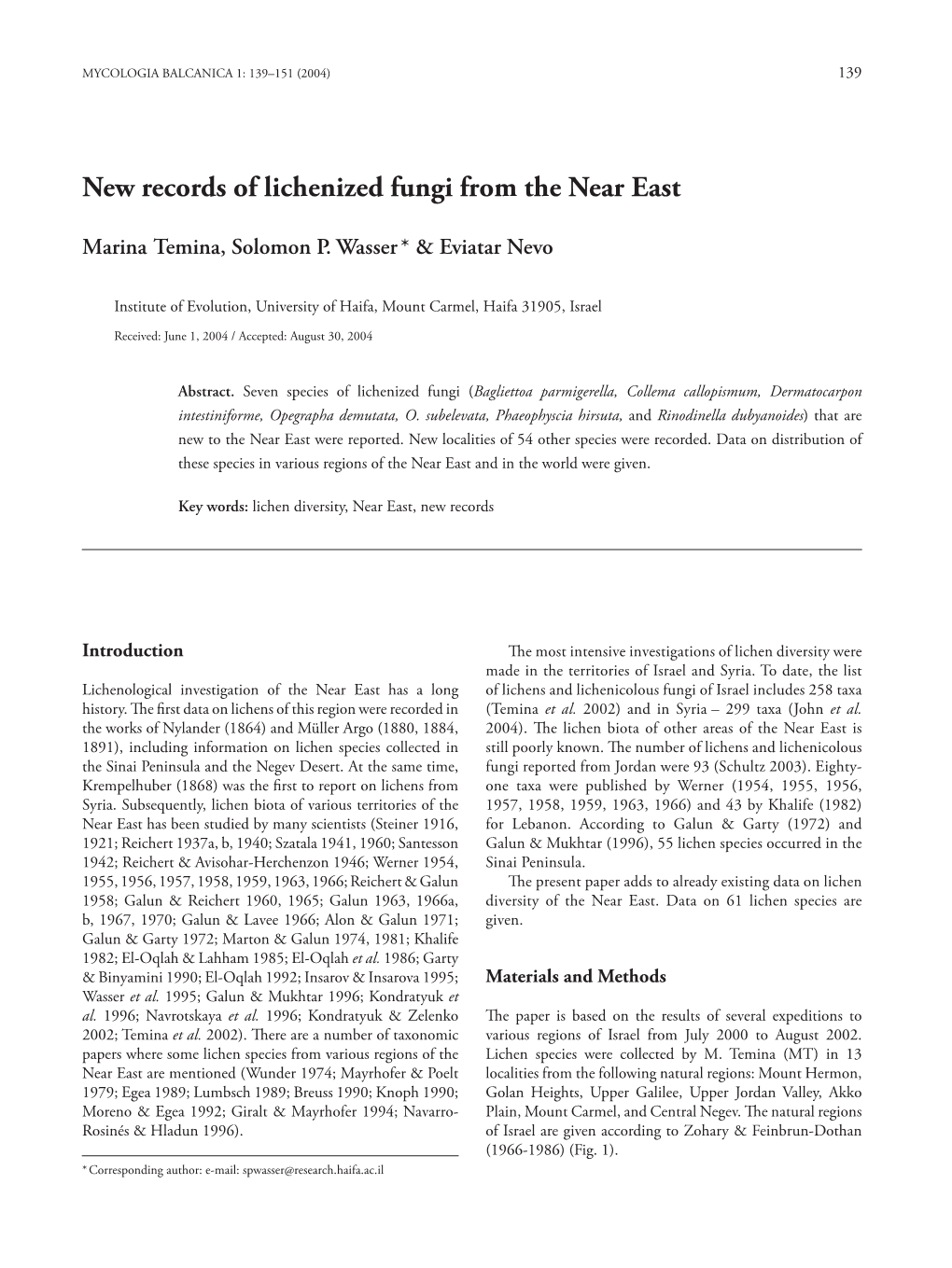 New Records of Lichenized Fungi from the Near East