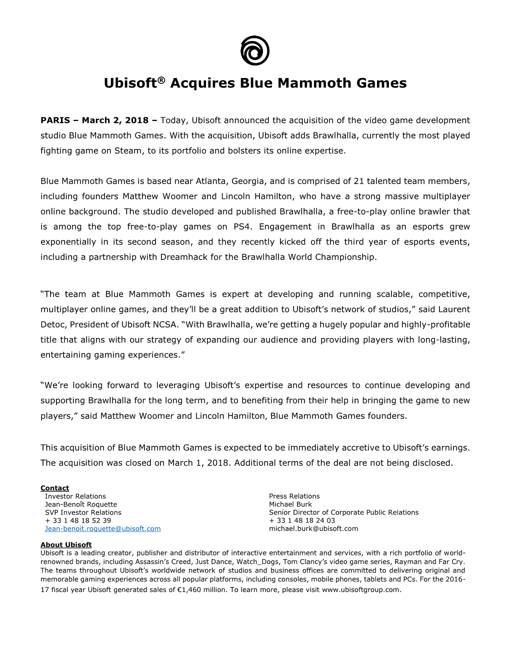 Ubisoft® Acquires Blue Mammoth Games