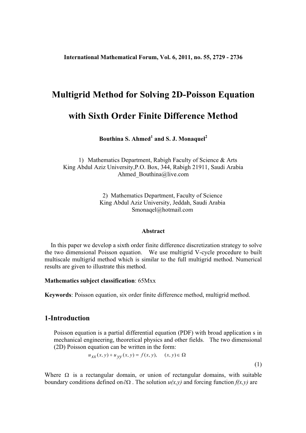 Multigrid Method for Solving 2D-Poisson Equation with Sixth