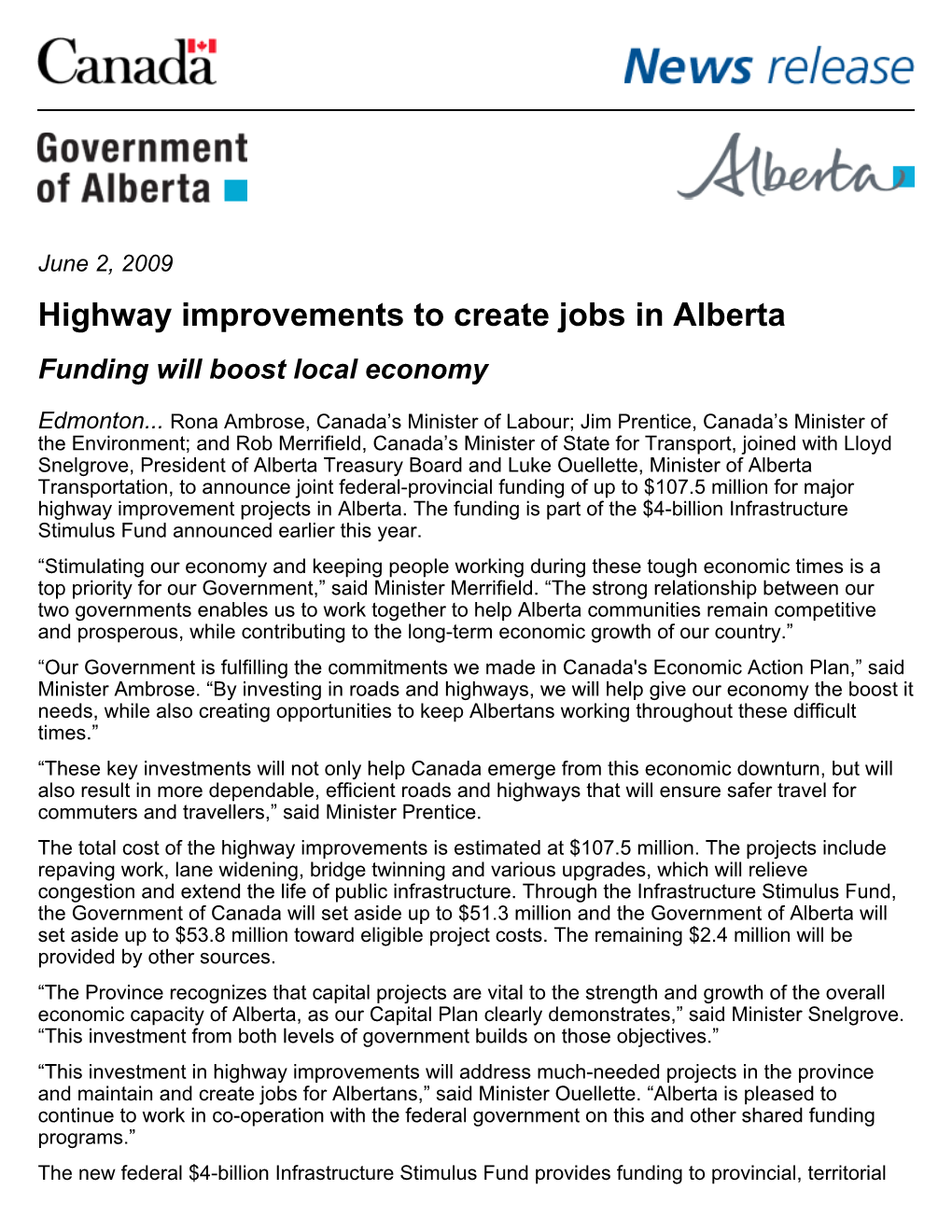 Highway Improvements to Create Jobs in Alberta Funding Will Boost Local Economy