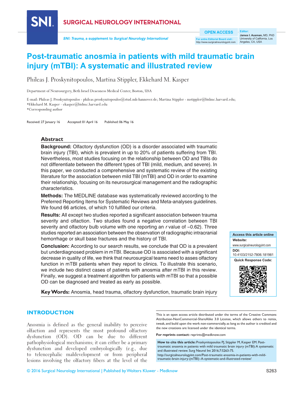 Post‑Traumatic Anosmia in Patients with Mild Traumatic Brain Injury (Mtbi): a Systematic and Illustrated Review Phileas J