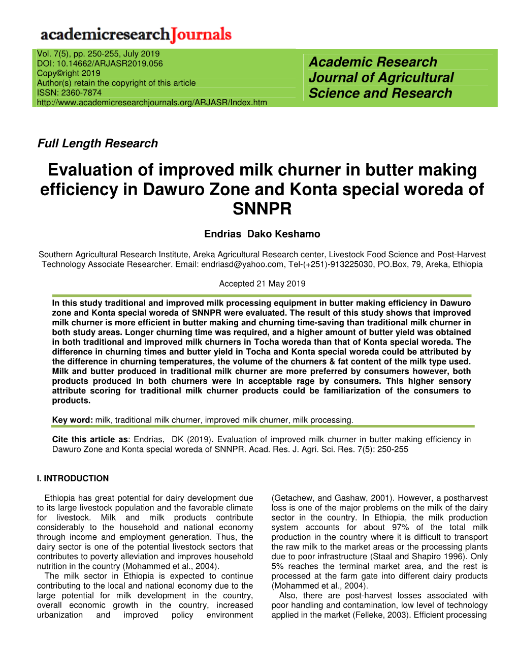 Evaluation of Improved Milk Churner in Butter Making Efficiency in Dawuro Zone and Konta Special Woreda of SNNPR