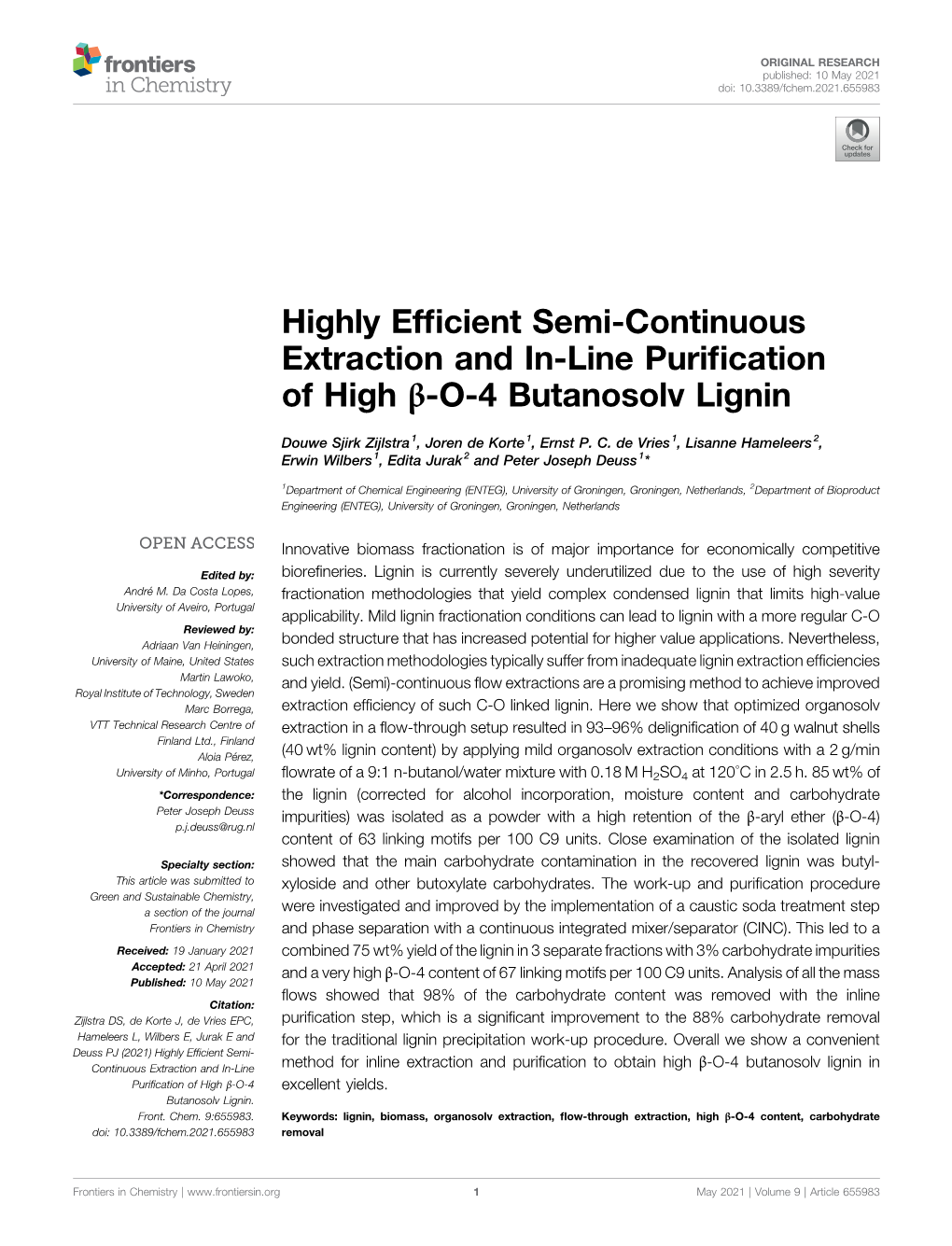Highly Efficient Semi-Continuous Extraction and In-Line Purification of High Β-O-4 Butanosolv Lignin