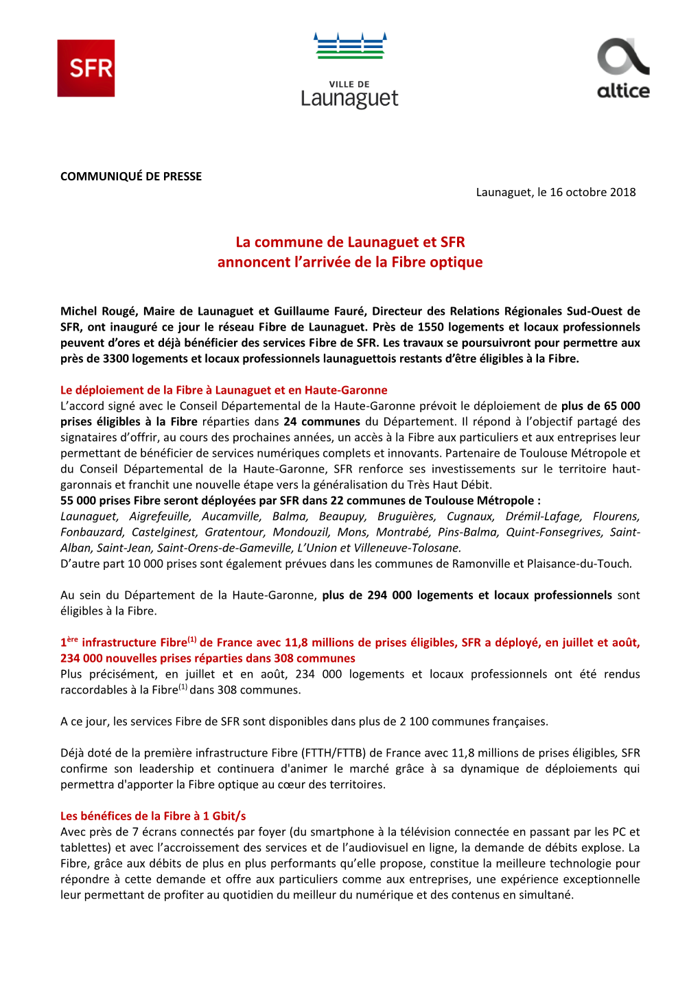 COMMUNIQUÉ DE PRESSE Launaguet, Le 16 Octobre 2018