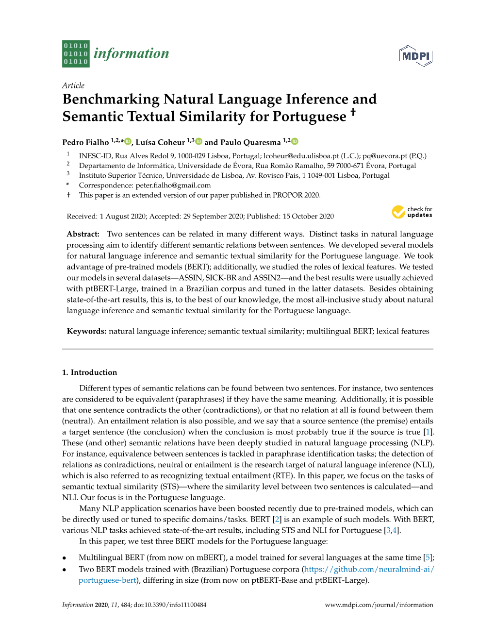 Benchmarking Natural Language Inference and Semantic Textual Similarity for Portuguese †