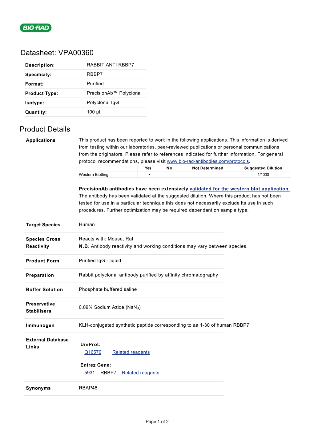 Datasheet: VPA00360 Product Details