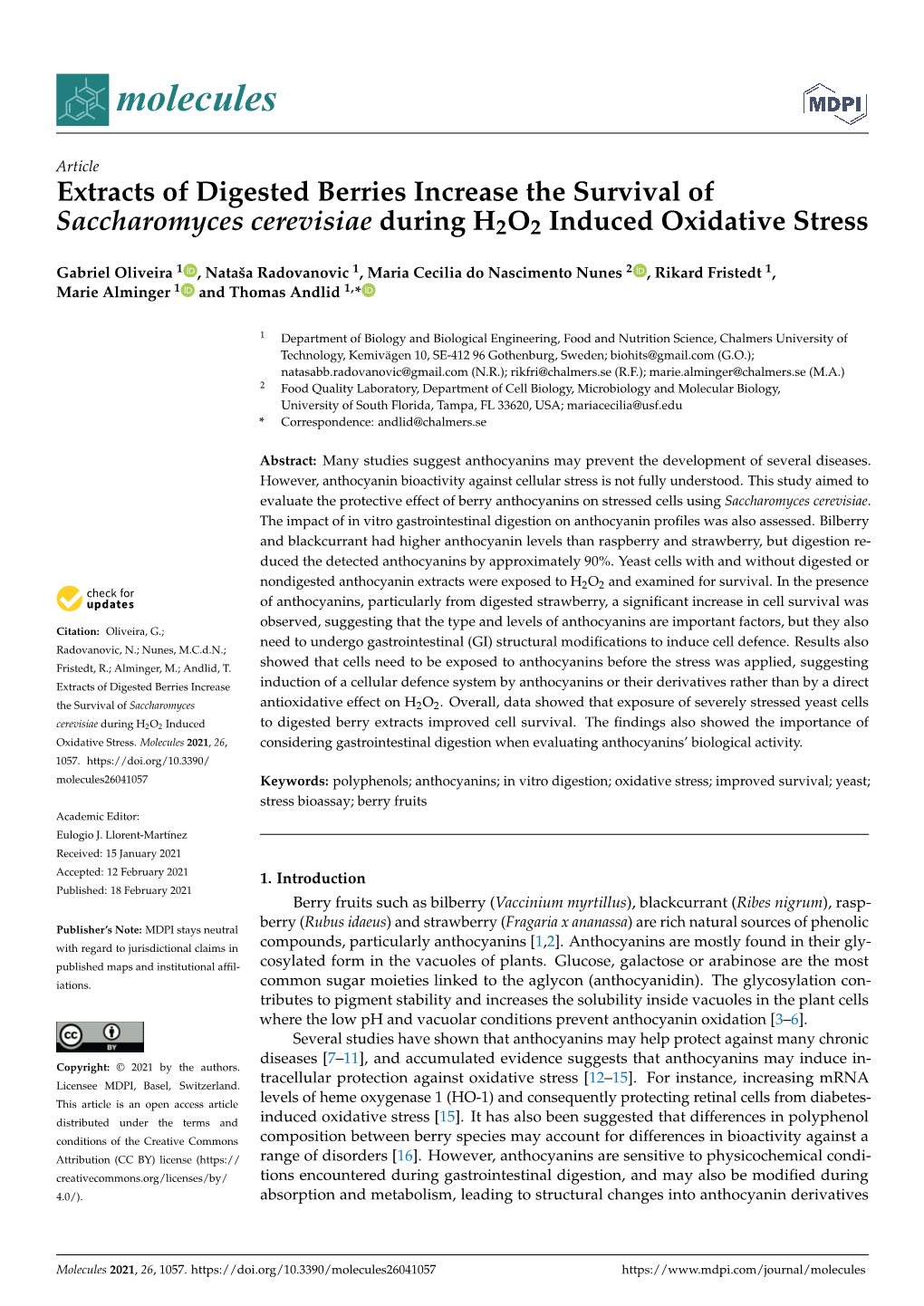 Extracts of Digested Berries Increase the Survival of Saccharomyces Cerevisiae During H2O2 Induced Oxidative Stress