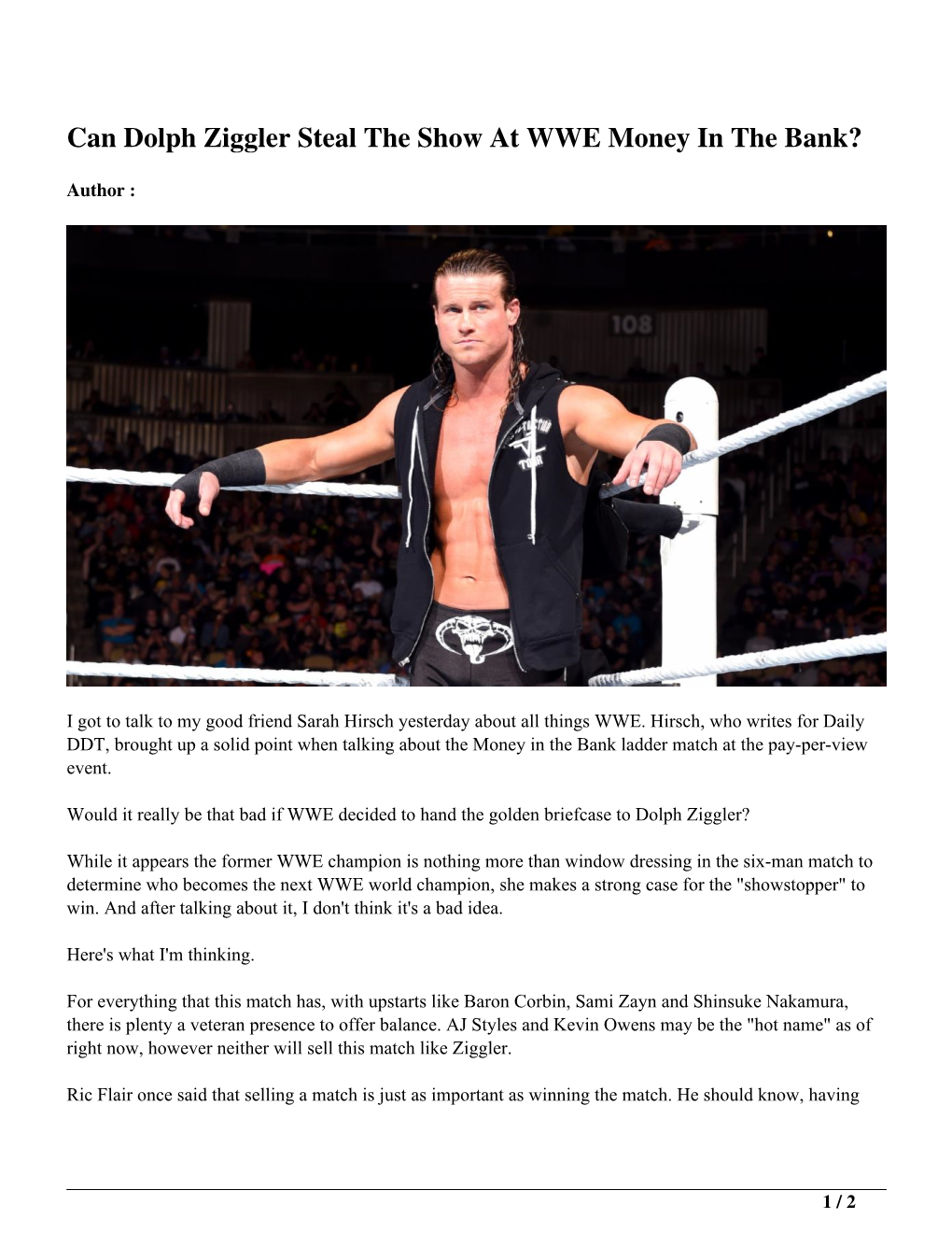 Can Dolph Ziggler Steal the Show at WWE Money in the Bank?