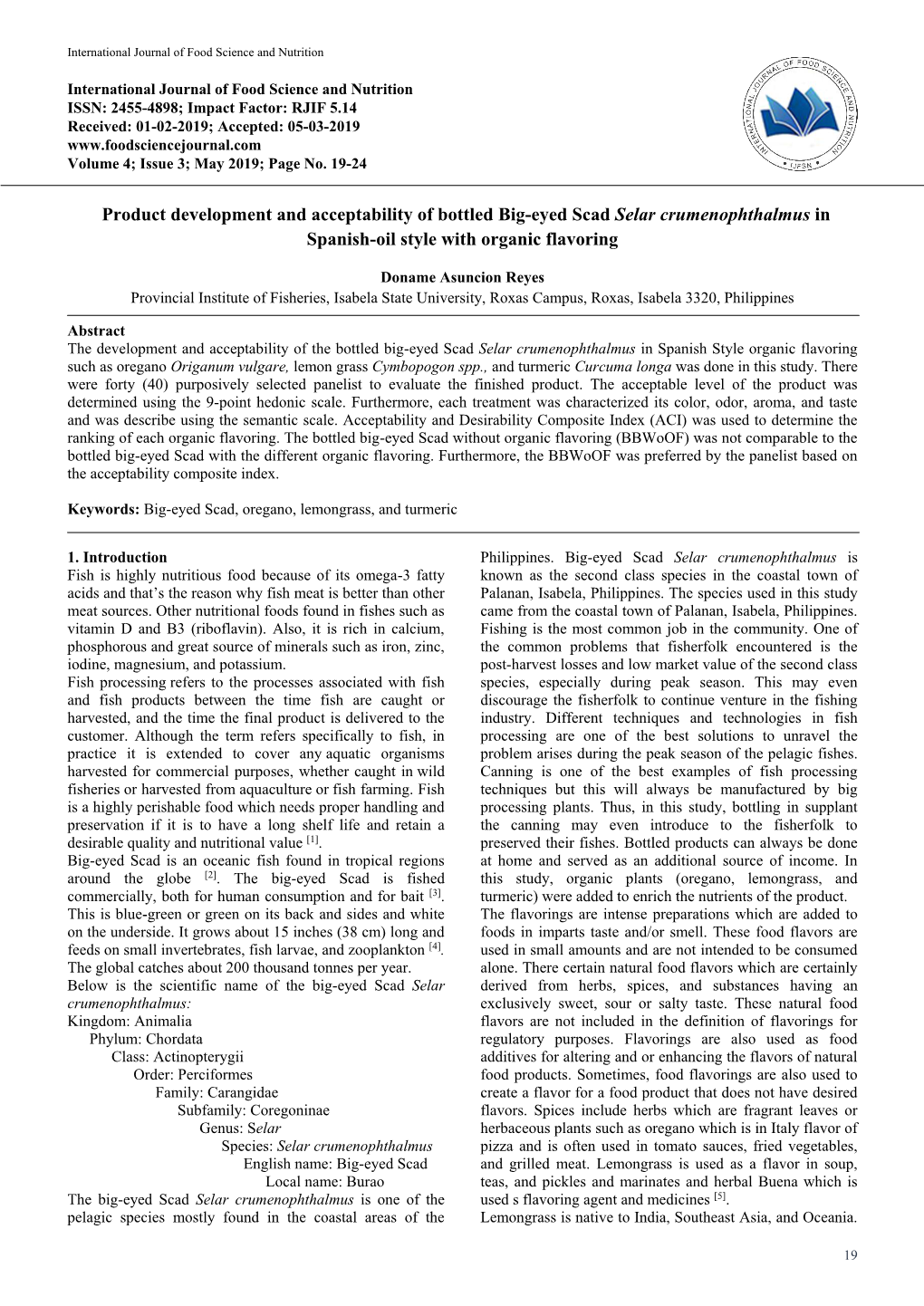 Product Development and Acceptability of Bottled Big-Eyed Scad Selar Crumenophthalmus in Spanish-Oil Style with Organic Flavoring