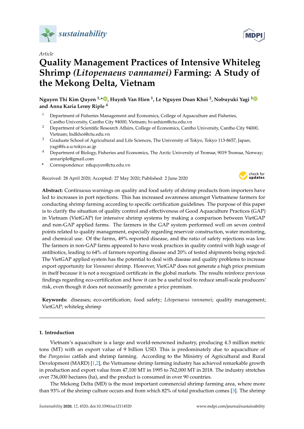 Quality Management Practices of Intensive Whiteleg Shrimp (Litopenaeus Vannamei) Farming: a Study of the Mekong Delta, Vietnam