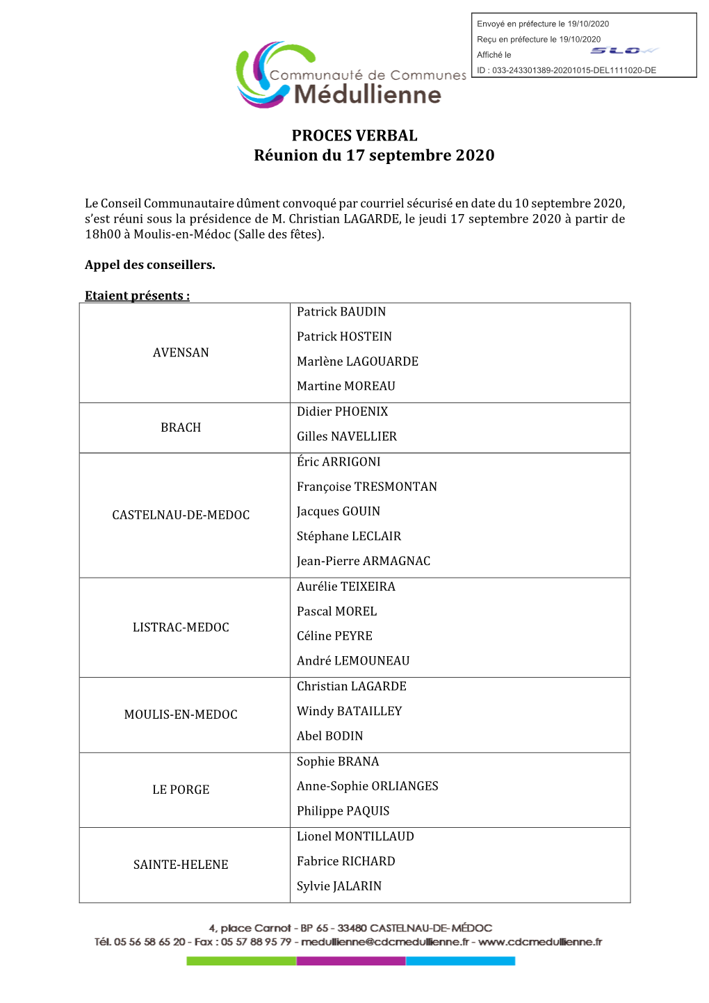 PROCES VERBAL Réunion Du 17 Septembre 2020