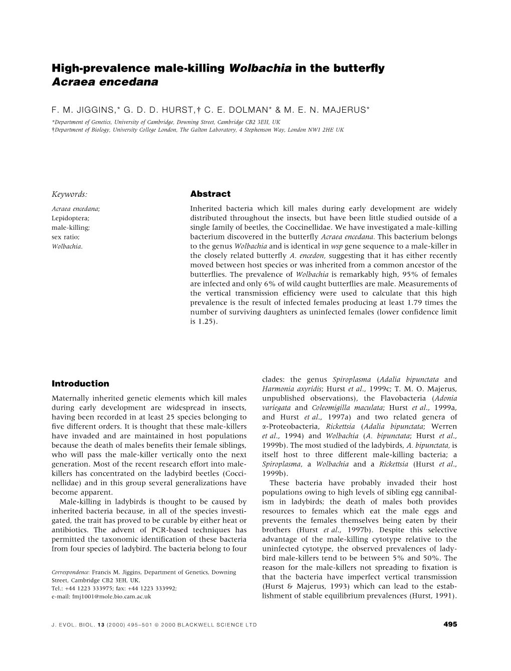 High-Prevalence Male-Killing Wolbachia in the Butter¯Y Acraea Encedana