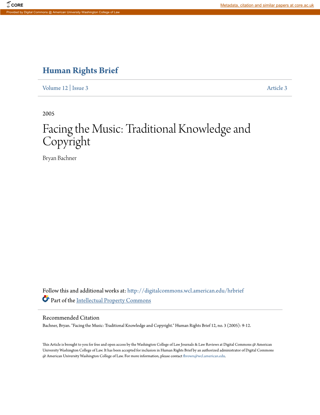 Facing the Music: Traditional Knowledge and Copyright Bryan Bachner