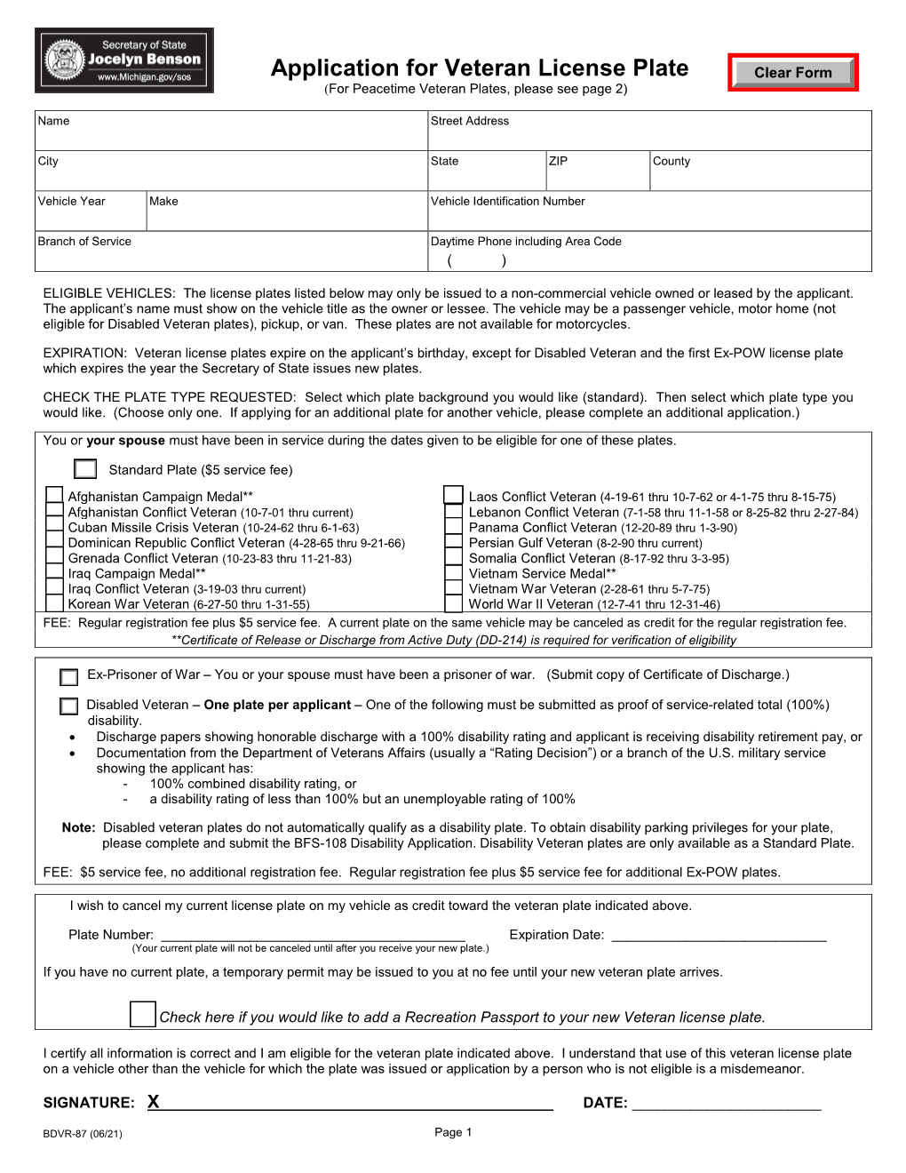 Application for Veteran License Plate (For Peacetime Veteran Plates, Please See Page 2)