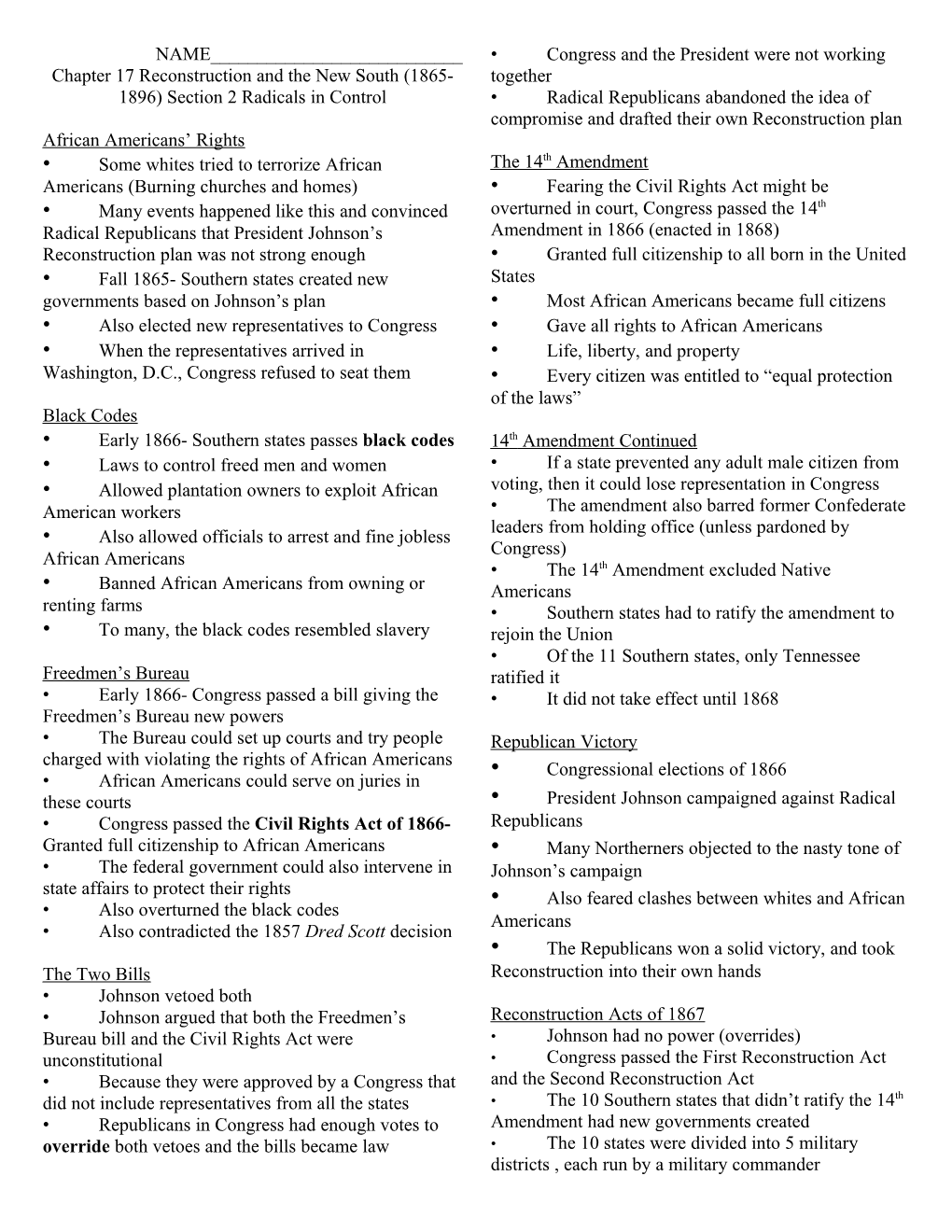 Chapter 17 Reconstruction and the New South (1865-1896) Section 2 Radicals in Control