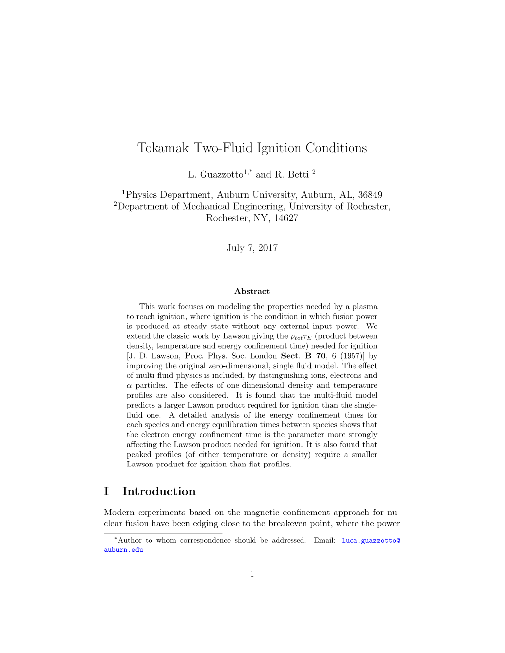 Tokamak Two-Fluid Ignition Conditions