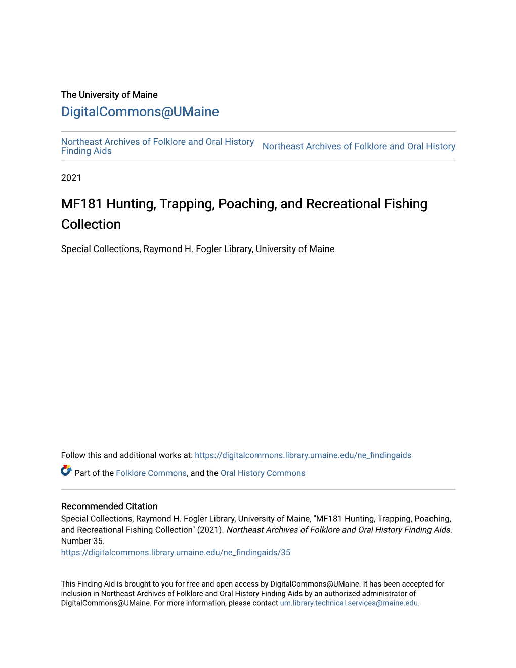 MF181 Hunting, Trapping, Poaching, and Recreational Fishing Collection