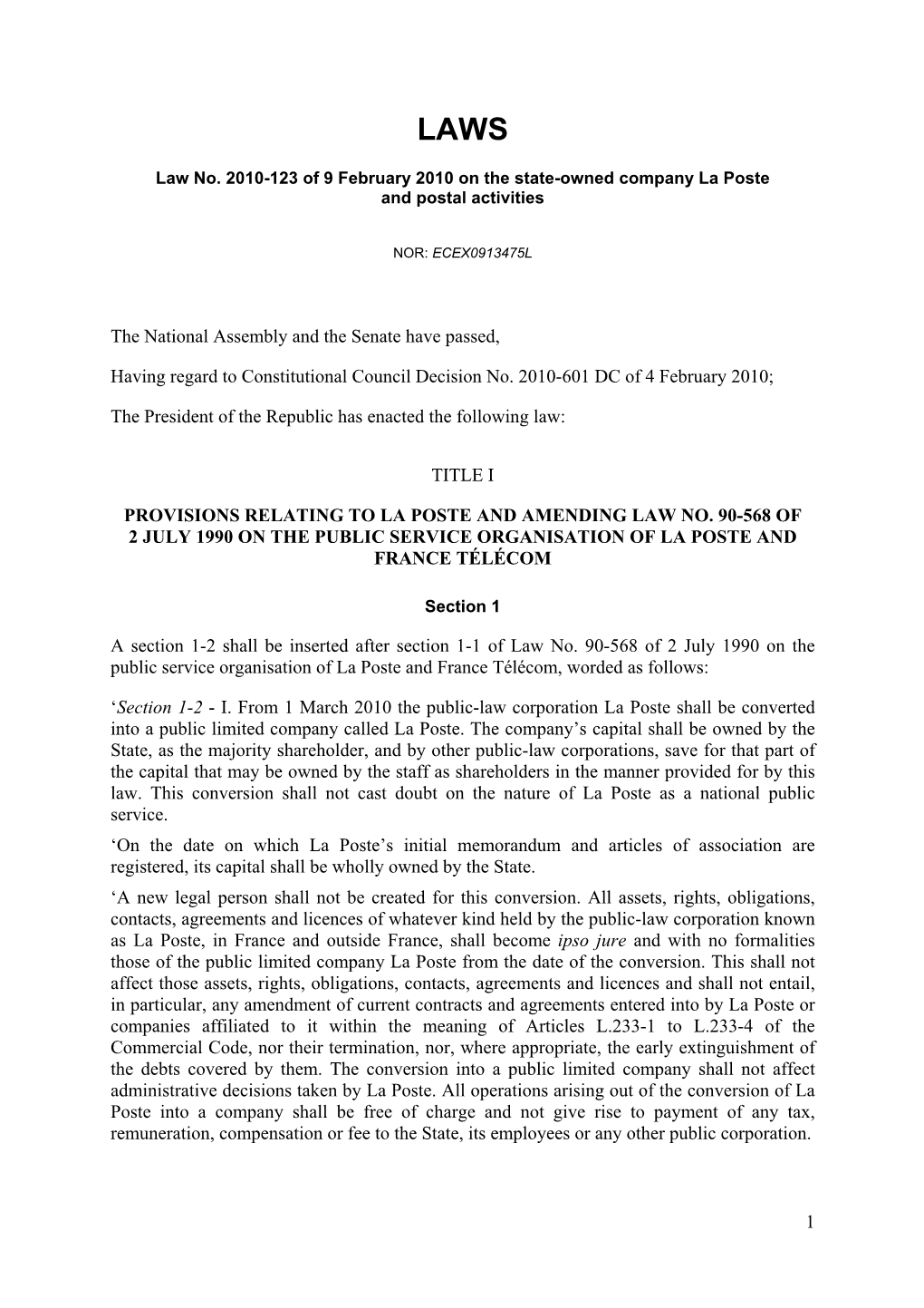 Law No. 2010-123 of 9 February 2010 on the State-Owned Company La Poste and Postal Activities