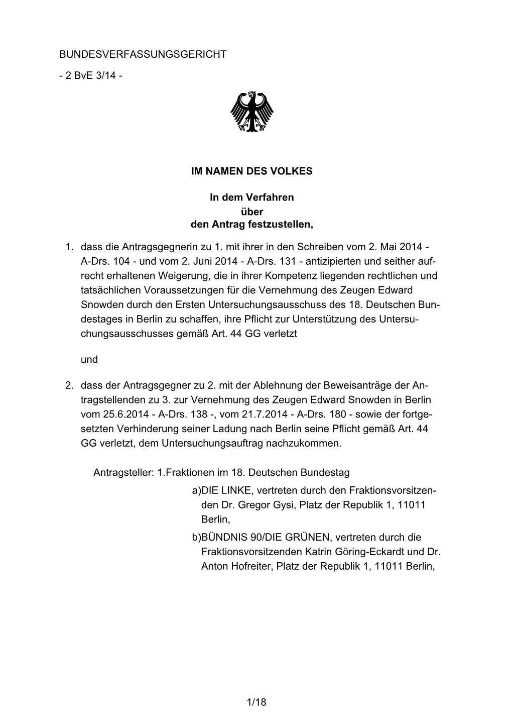 Bverfg, Beschluss Des Zweiten Senats Vom 4. Dezember 2014 - 2 Bve 3/14 - Rn
