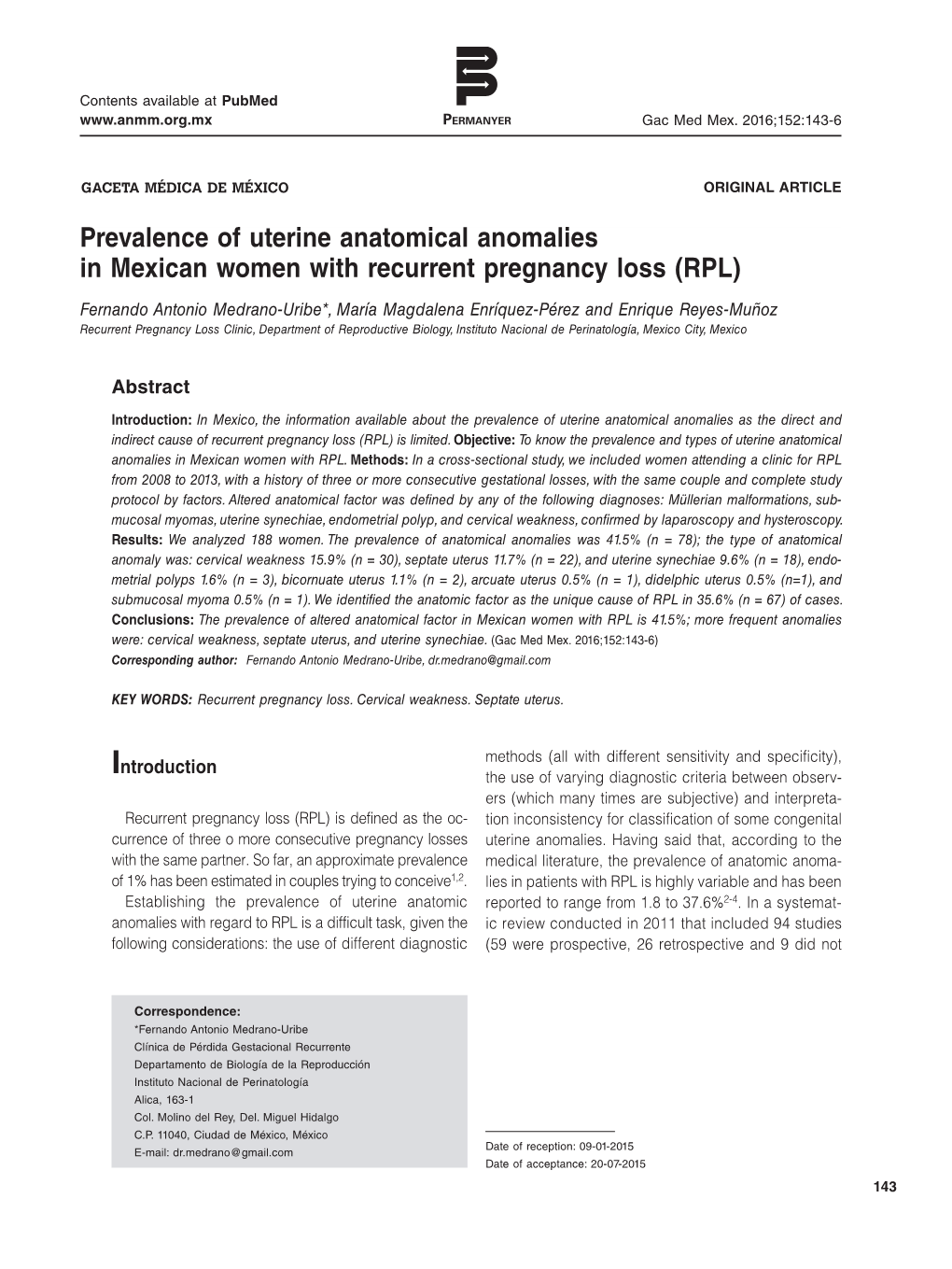 Prevalence of Uterine Anatomical Anomalies in Mexican Women with Recurrent Pregnancy Loss (RPL)