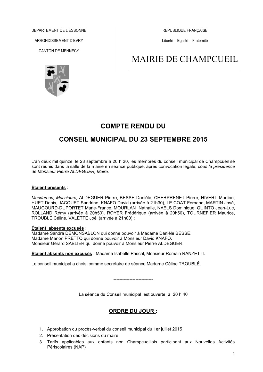 Compte Rendu Du Conseil Municipal Du 23 Septembre 2015