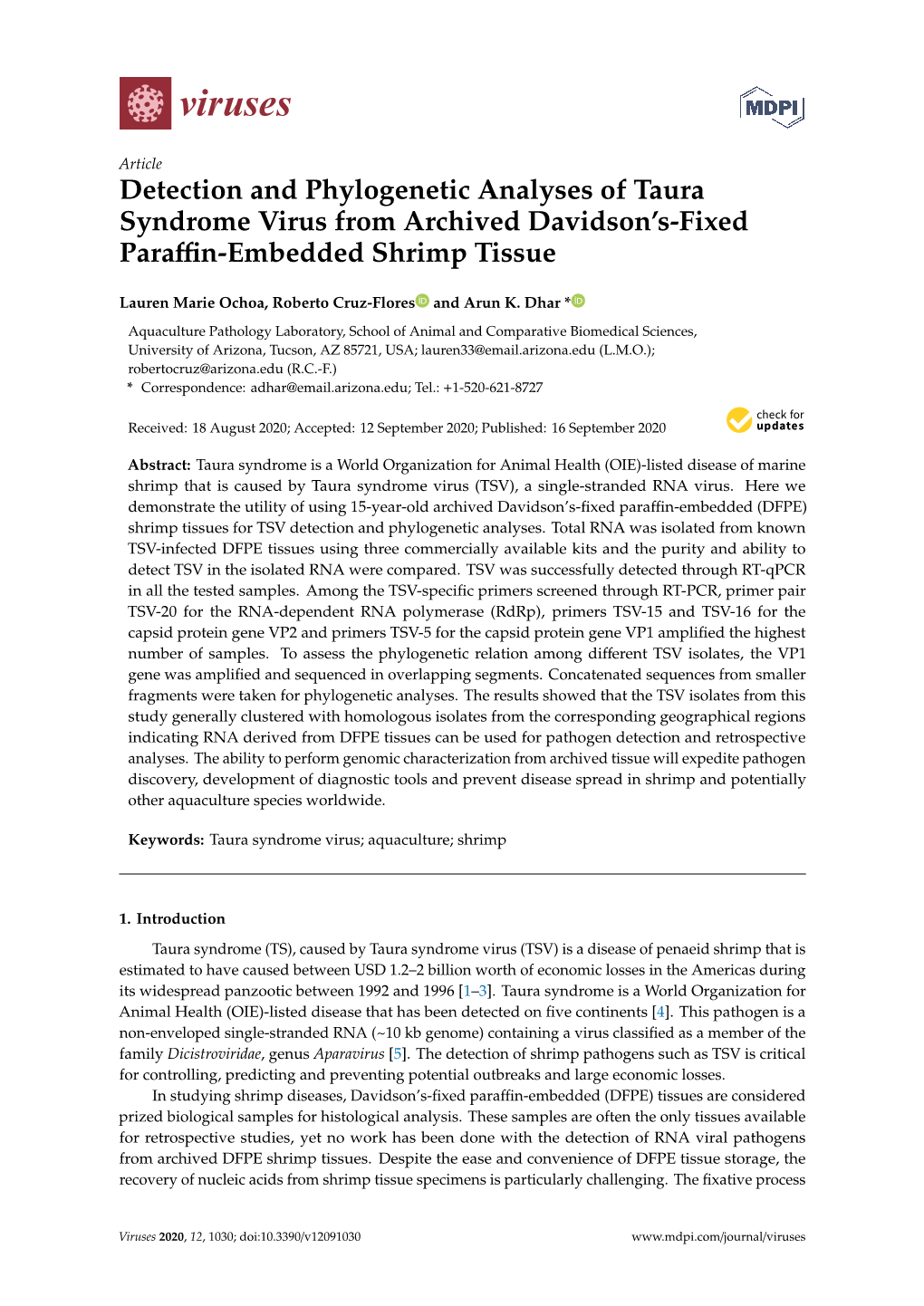 Detection and Phylogenetic Analyses of Taura Syndrome Virus from Archived Davidson’S-Fixed Paraﬃn-Embedded Shrimp Tissue