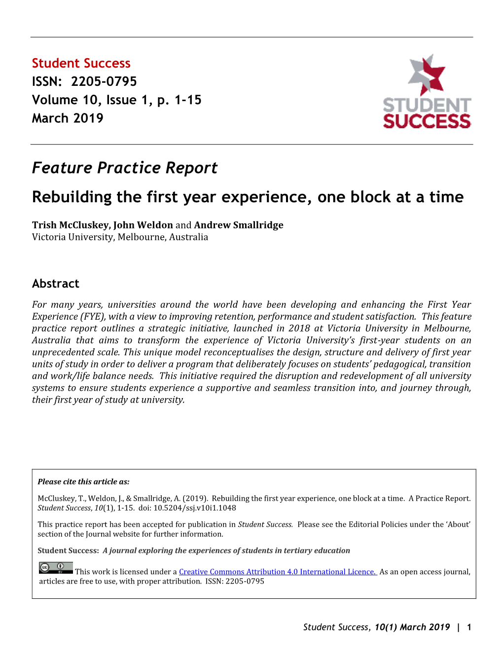 Feature Practice Report Rebuilding the First Year Experience, One Block at a Time