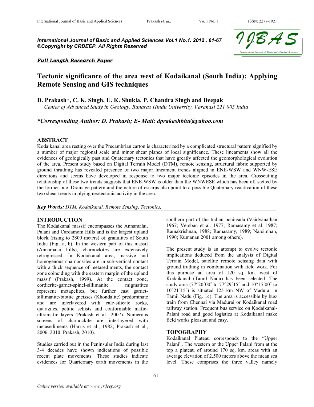 International Journal of Basic and Applied Sciences Prakash Et. Al., Vo