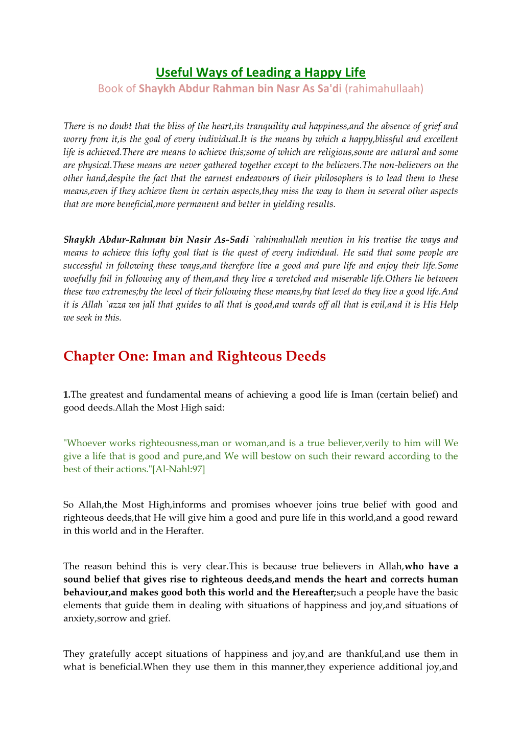 Useful Ways of Leading a Happy Life Book of Shaykh Abdur Rahman Bin Nasr As Sa'di (Rahimahullaah)