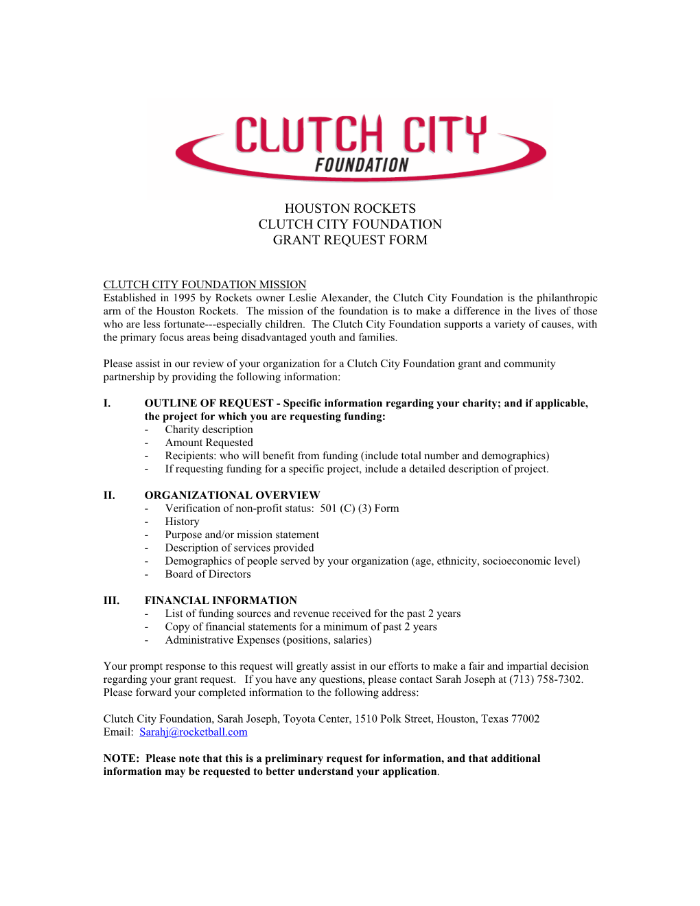Houston Rockets Clutch City Foundation Grant Request Form