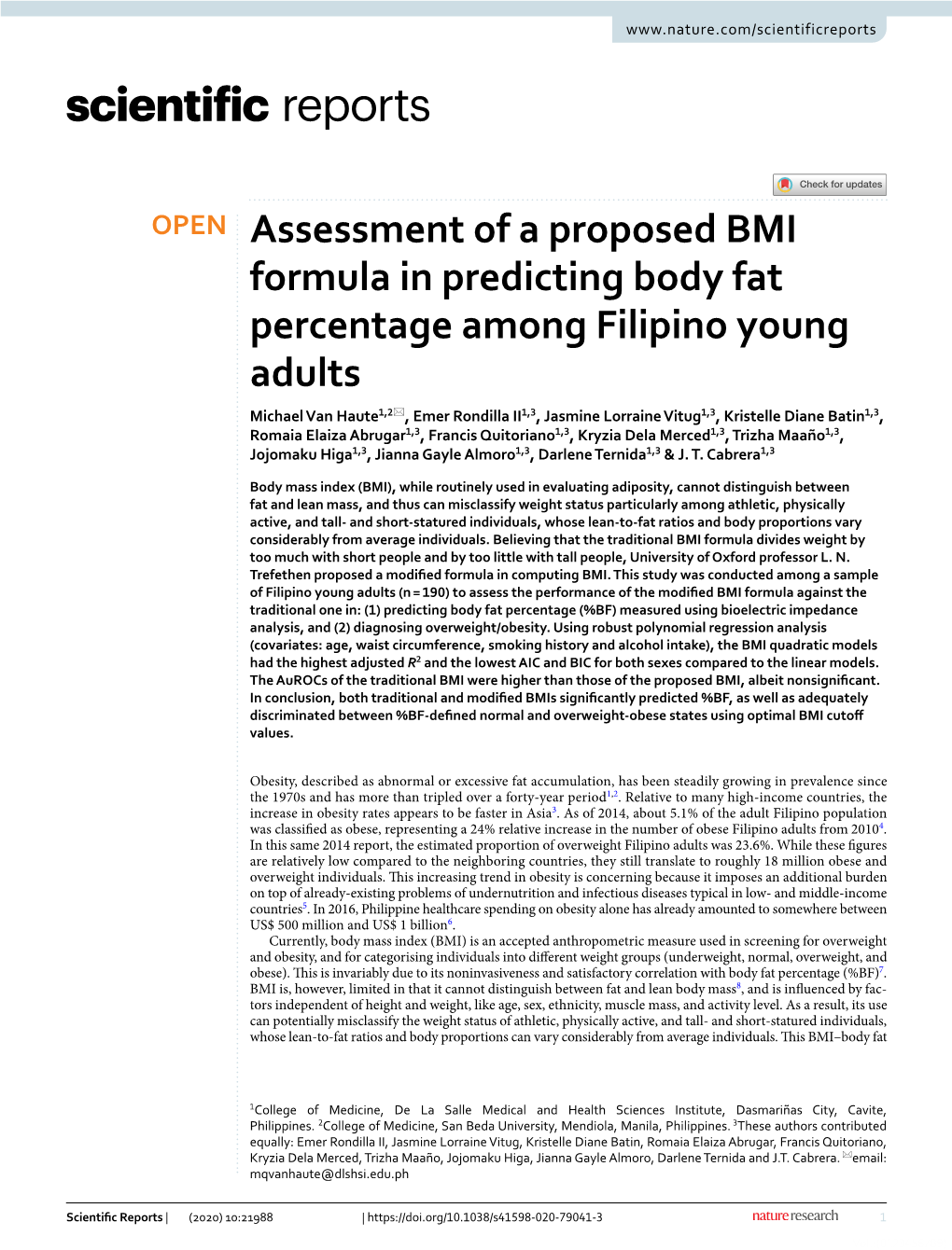 Assessment of a Proposed BMI Formula in Predicting Body Fat Percentage Among Filipino Young Adults