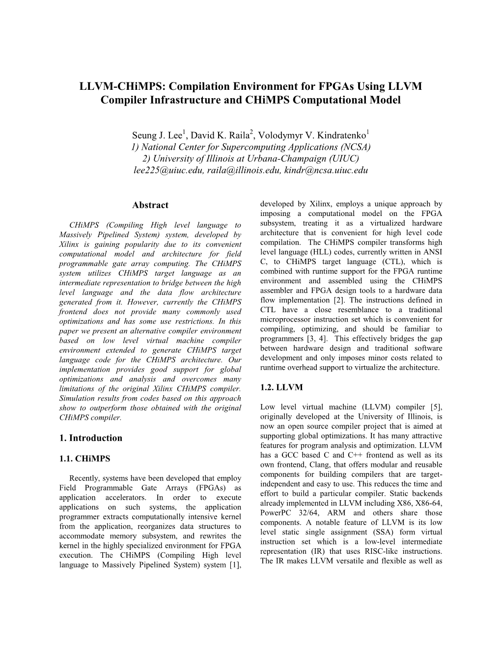 LLVM-Chimps: Compilation Environment for Fpgas Using LLVM Compiler Infrastructure and Chimps Computational Model