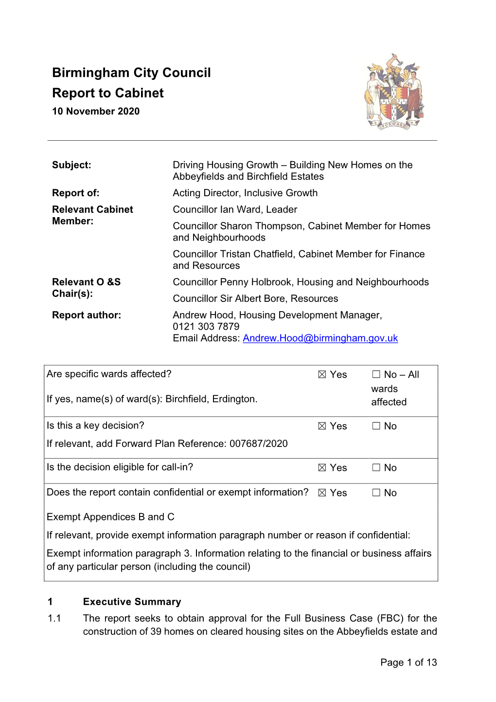 Birmingham City Council Report to Cabinet 10 November 2020