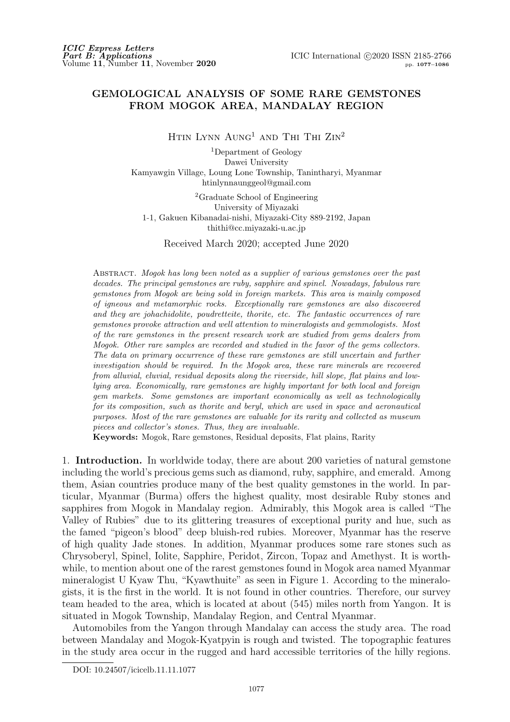 Gemological Analysis of Some Rare Gemstones from Mogok Area, Mandalay Region