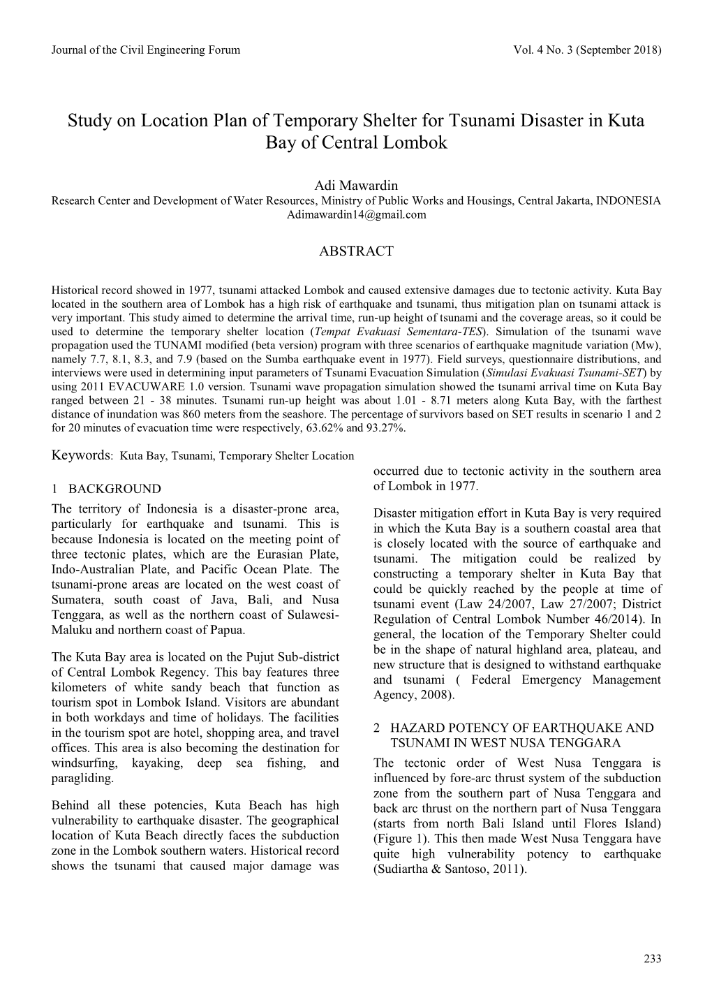 Study on Location Plan of Temporary Shelter for Tsunami Disaster in Kuta Bay of Central Lombok