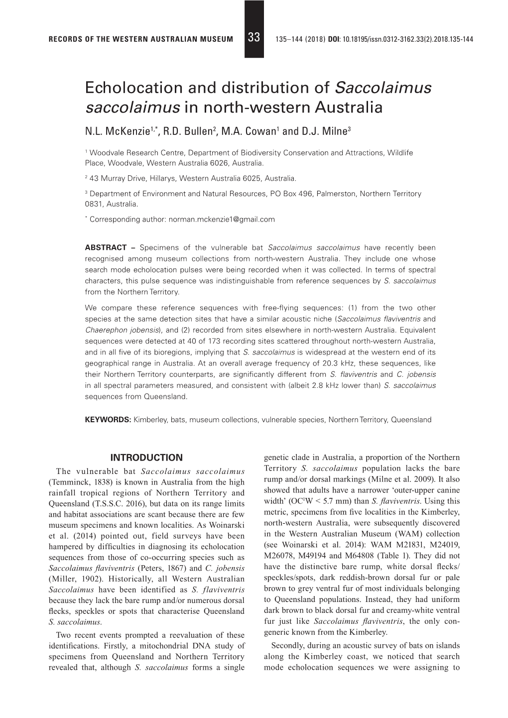 Echolocation and Distribution of Saccolaimus Saccolaimus in North-Western Australia N.L