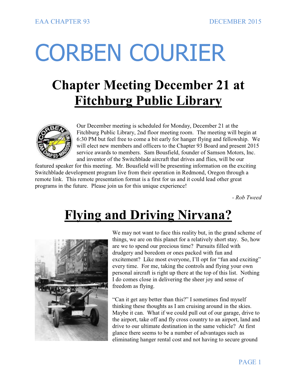 CORBEN COURIER Chapter Meeting December 21 at Fitchburg Public Library