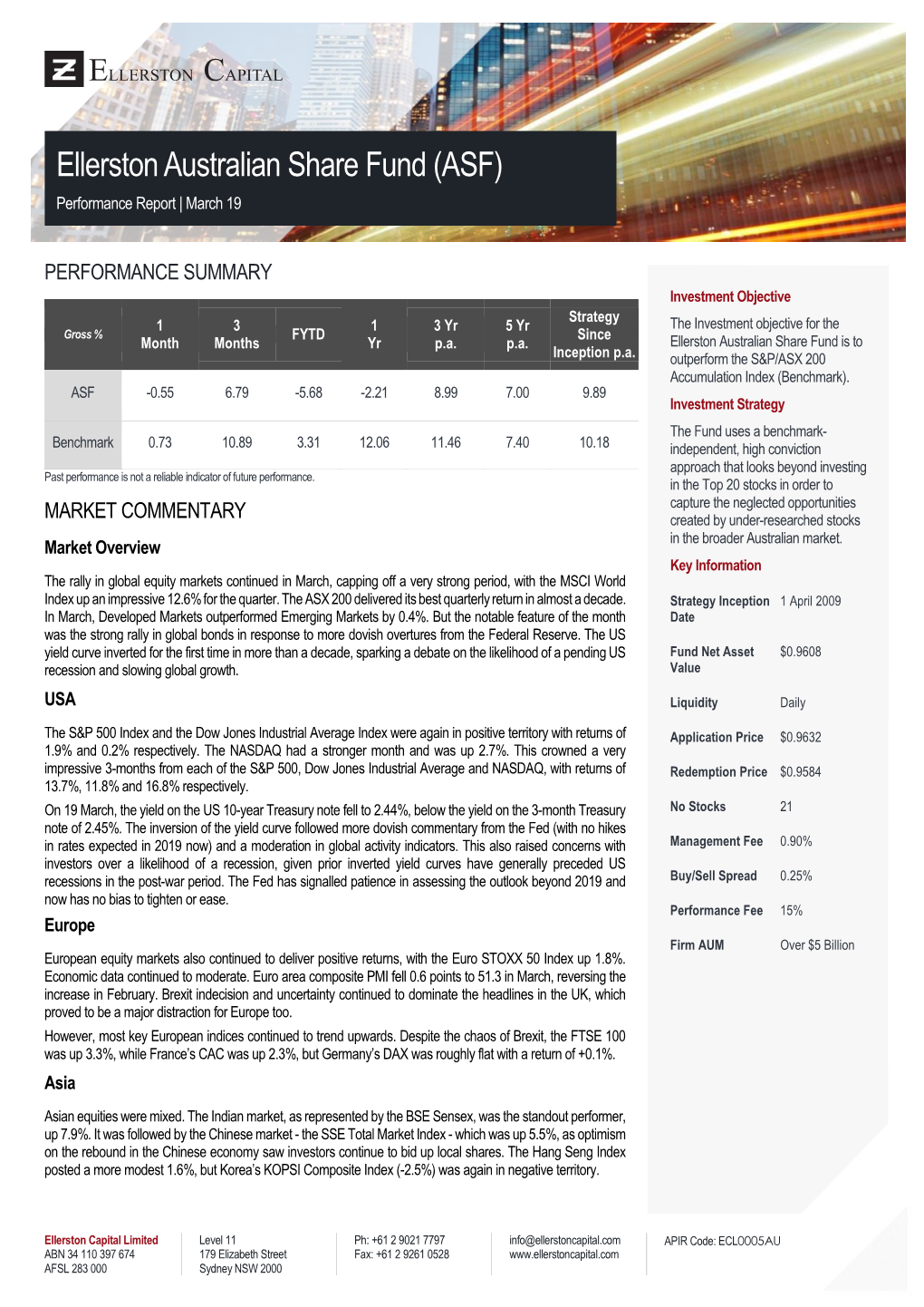 Ellerston Australian Share Fund (ASF) Performance Report | March 19