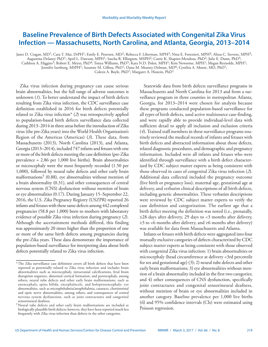 Baseline Prevalence of Birth Defects Associated with Congenital Zika Virus Infection — Massachusetts, North Carolina, and Atlanta, Georgia, 2013–2014
