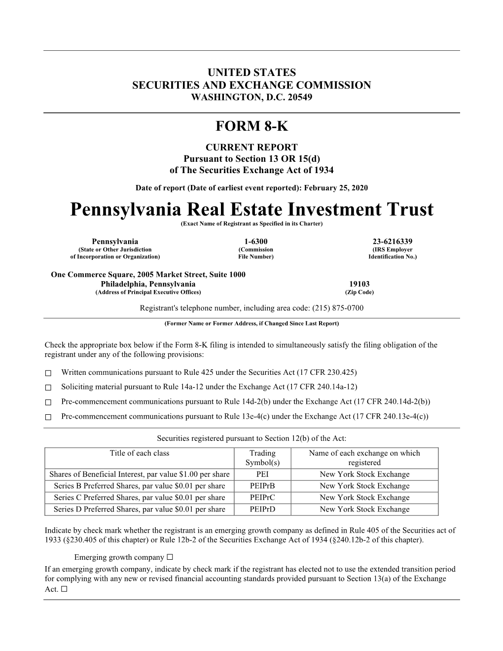 Pennsylvania Real Estate Investment Trust (Exact Name of Registrant As Specified in Its Charter)
