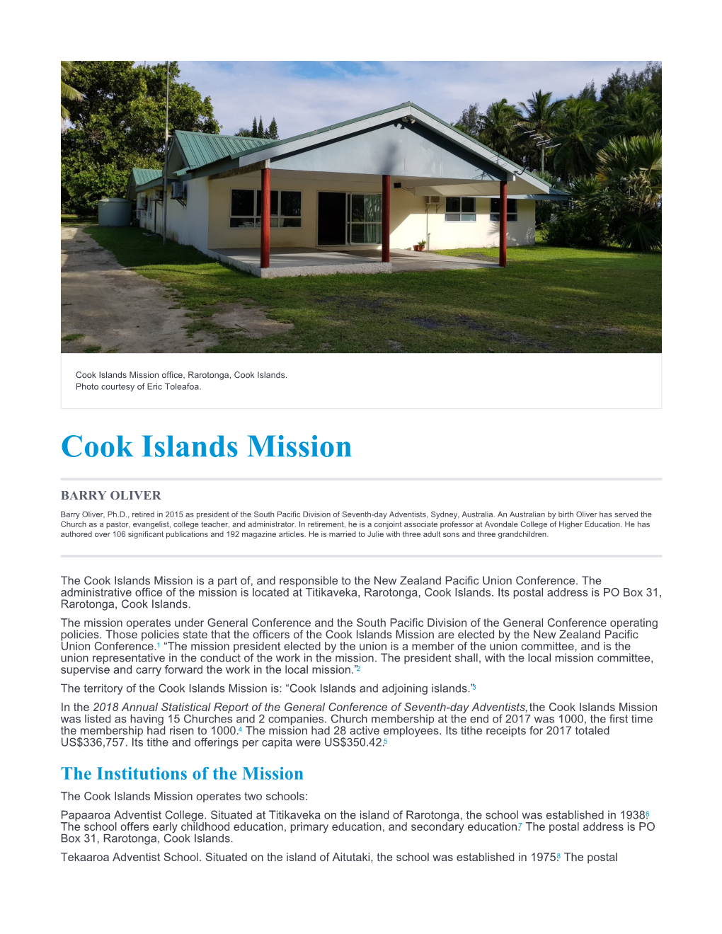 Cook Islands Mission Office, Rarotonga, Cook Islands