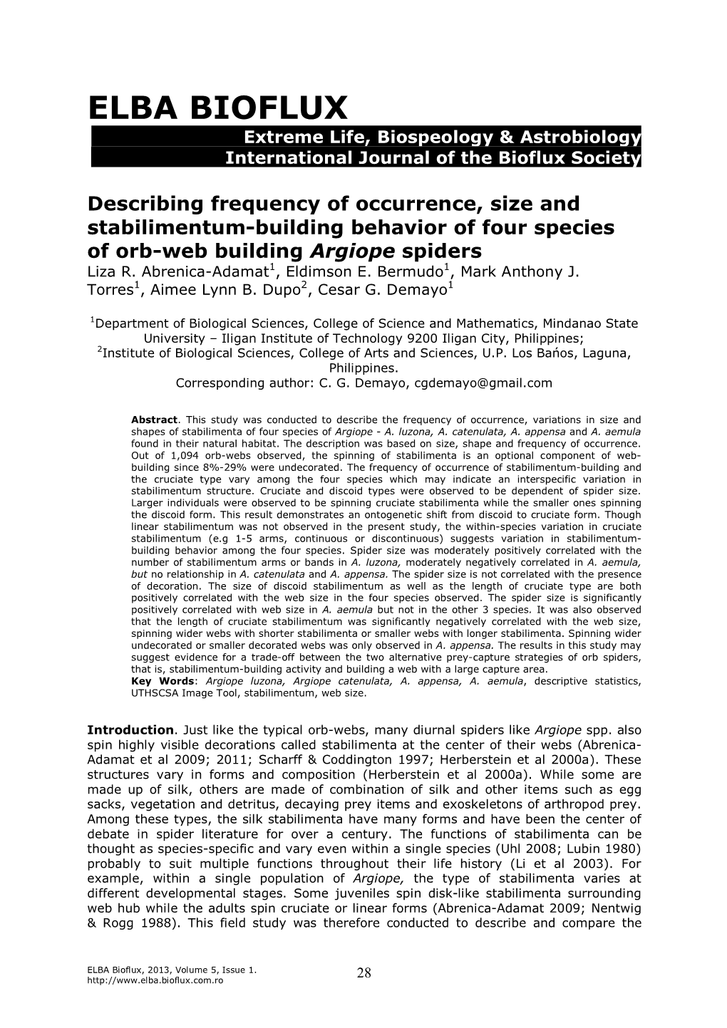 ELBA BIOFLUX Extreme Life, Biospeology & Astrobiology International Journal of the Bioflux Society