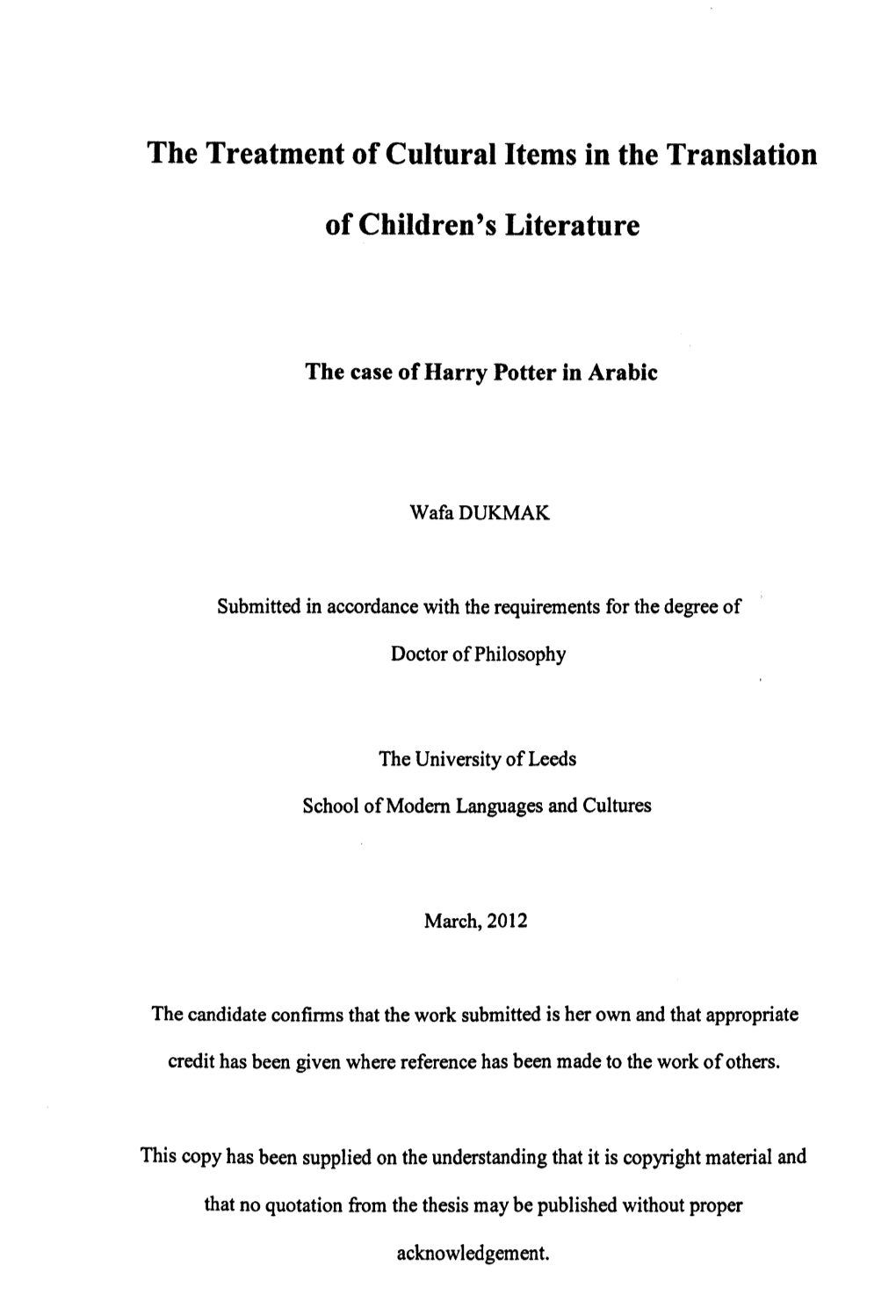 The Treatment of Cultural Items in the Translation of Children's Literature