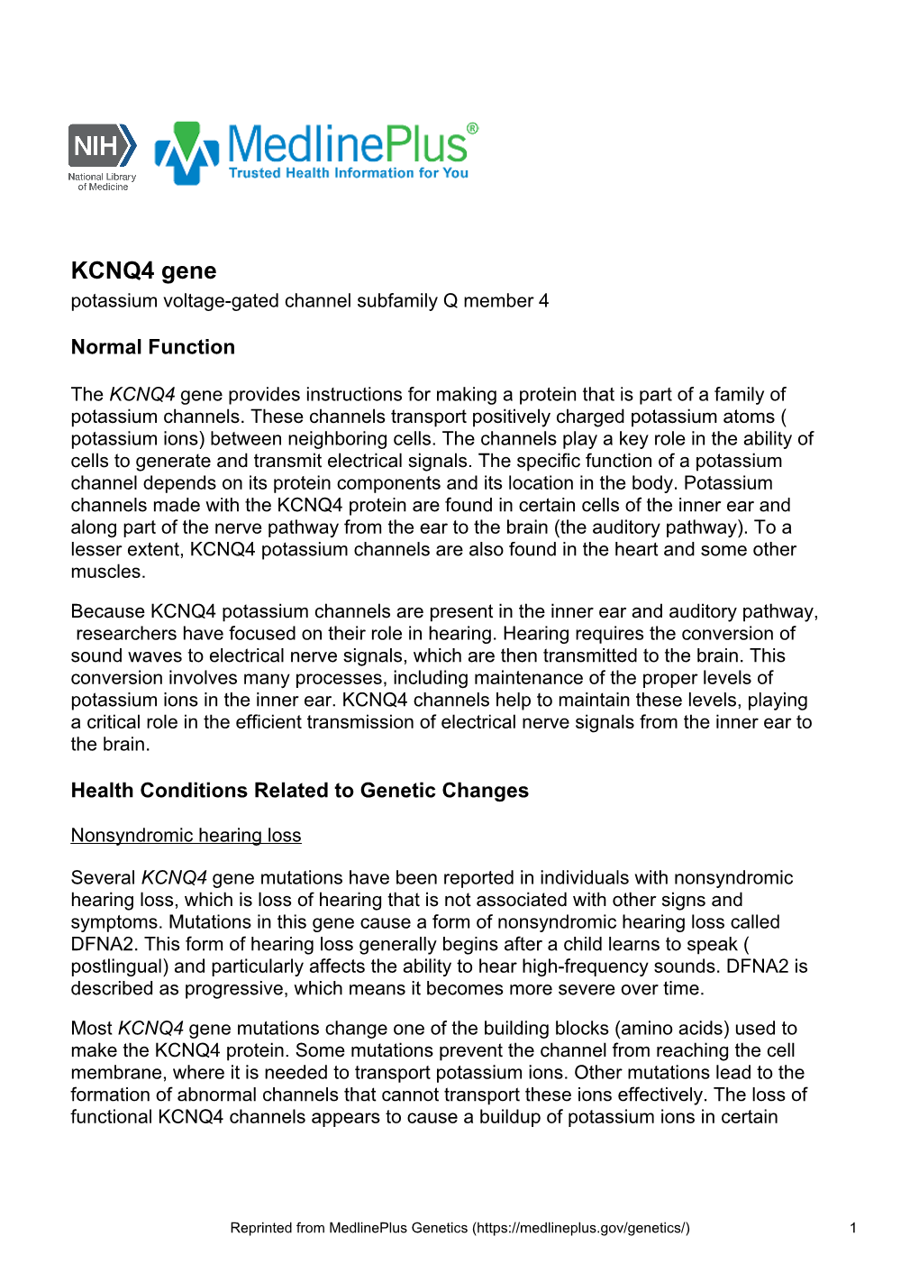 KCNQ4 Gene Potassium Voltage-Gated Channel Subfamily Q Member 4