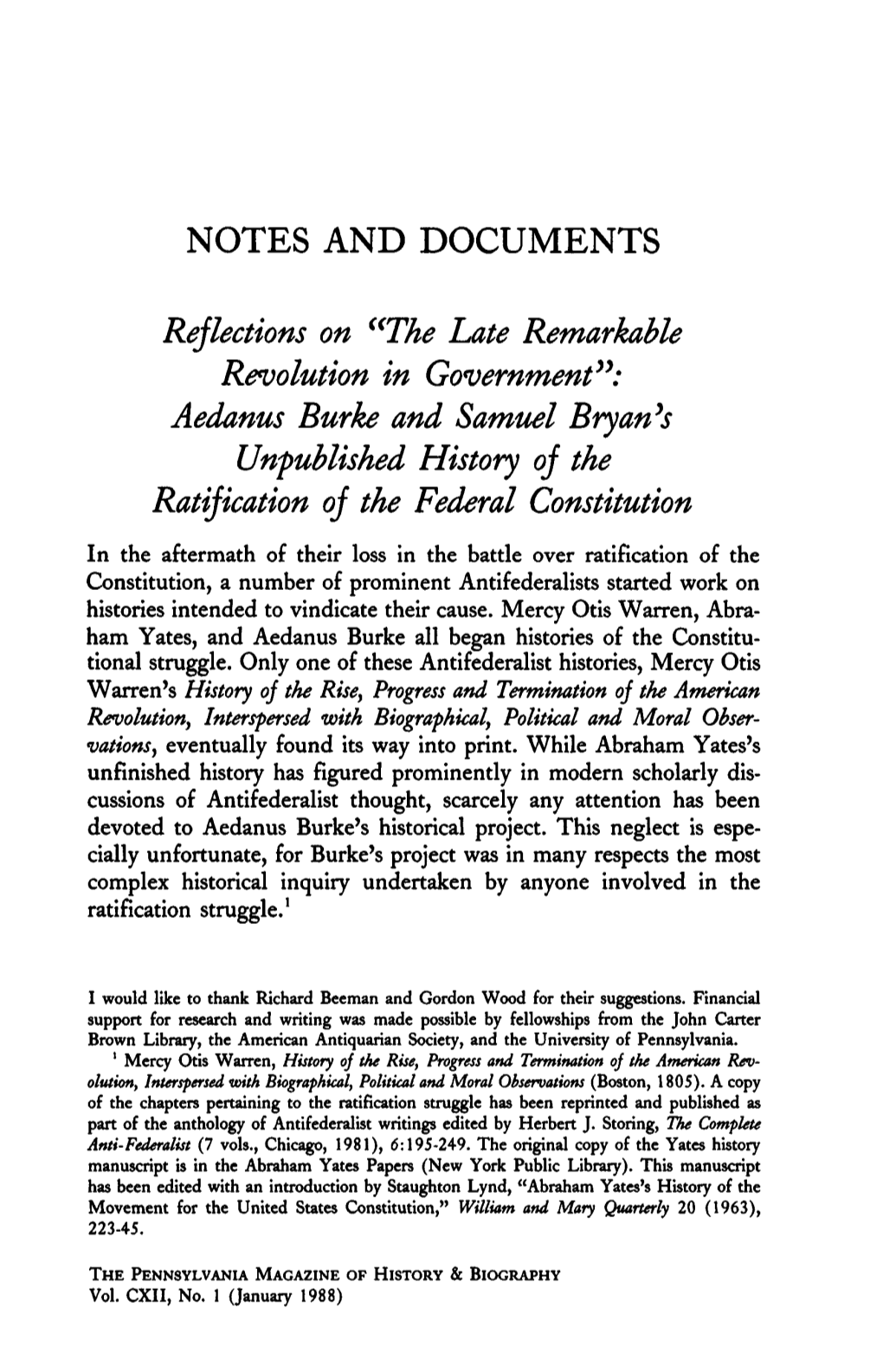 Aedanus Burke and Samuel Bryan's Unpublished History Oj the Ratification Oj the Federal Constitution