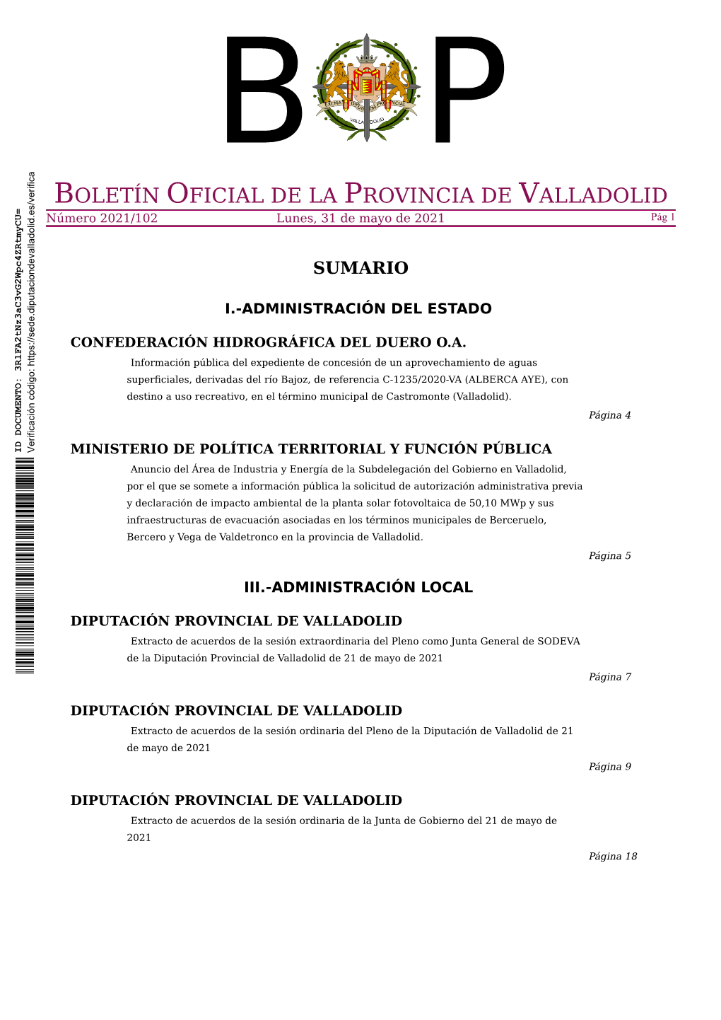 BOLETÍN OFICIAL DE LA PROVINCIA DE VALLADOLID Número 2021/102 Lunes, 31 De Mayo De 2021 Pág 1