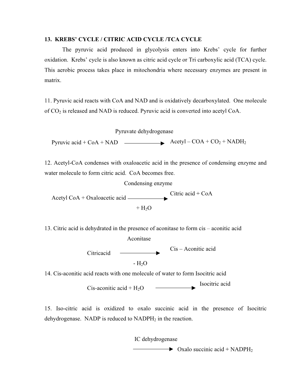 13. KREBS' CYCLE / CITRIC ACID CYCLE /TCA CYCLE the Pyruvic