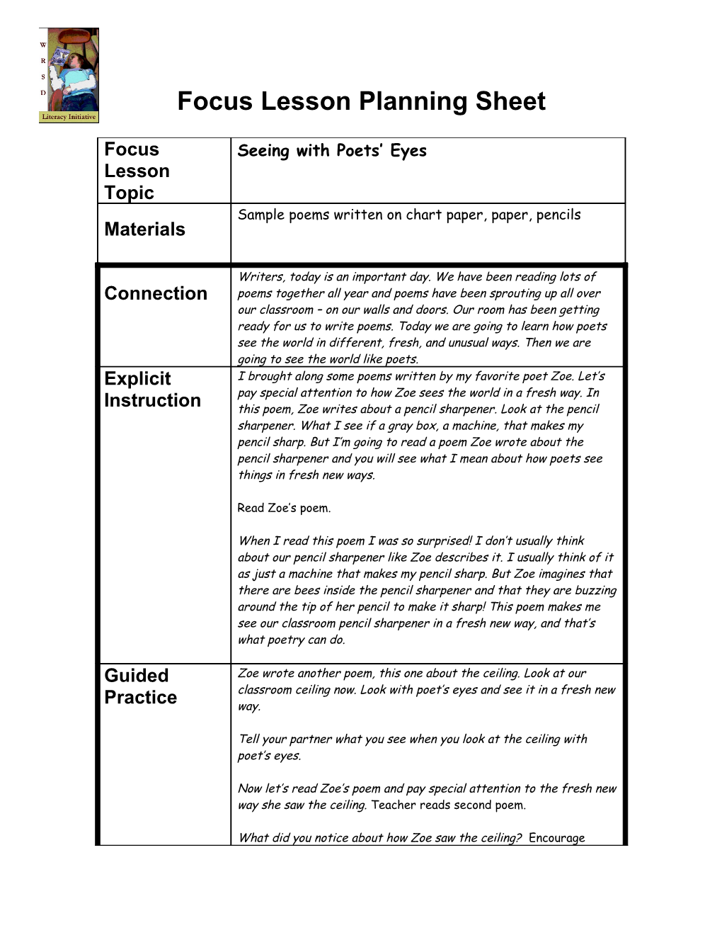 Focus Lesson Planning Sheet s2